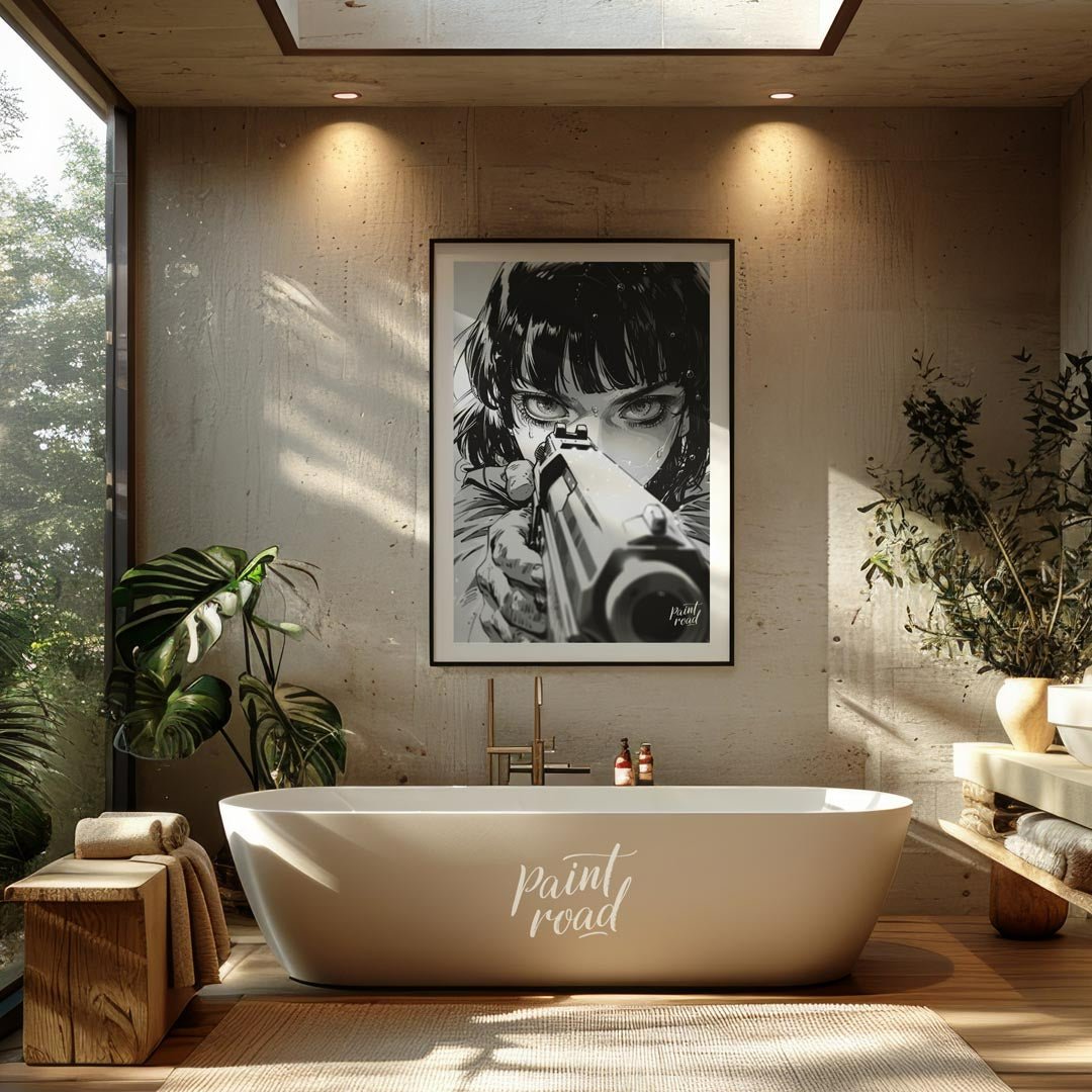 This intense and captivating monochrome illustration features a close-up portrait of a female chara… for bathroom
