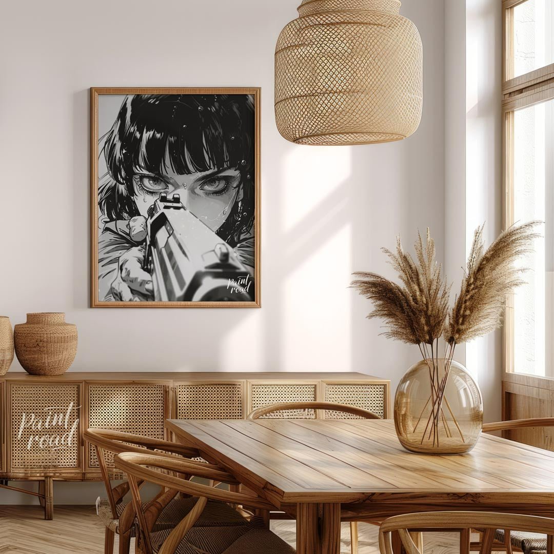 This intense and captivating monochrome illustration features a close-up portrait of a female chara… for dining room