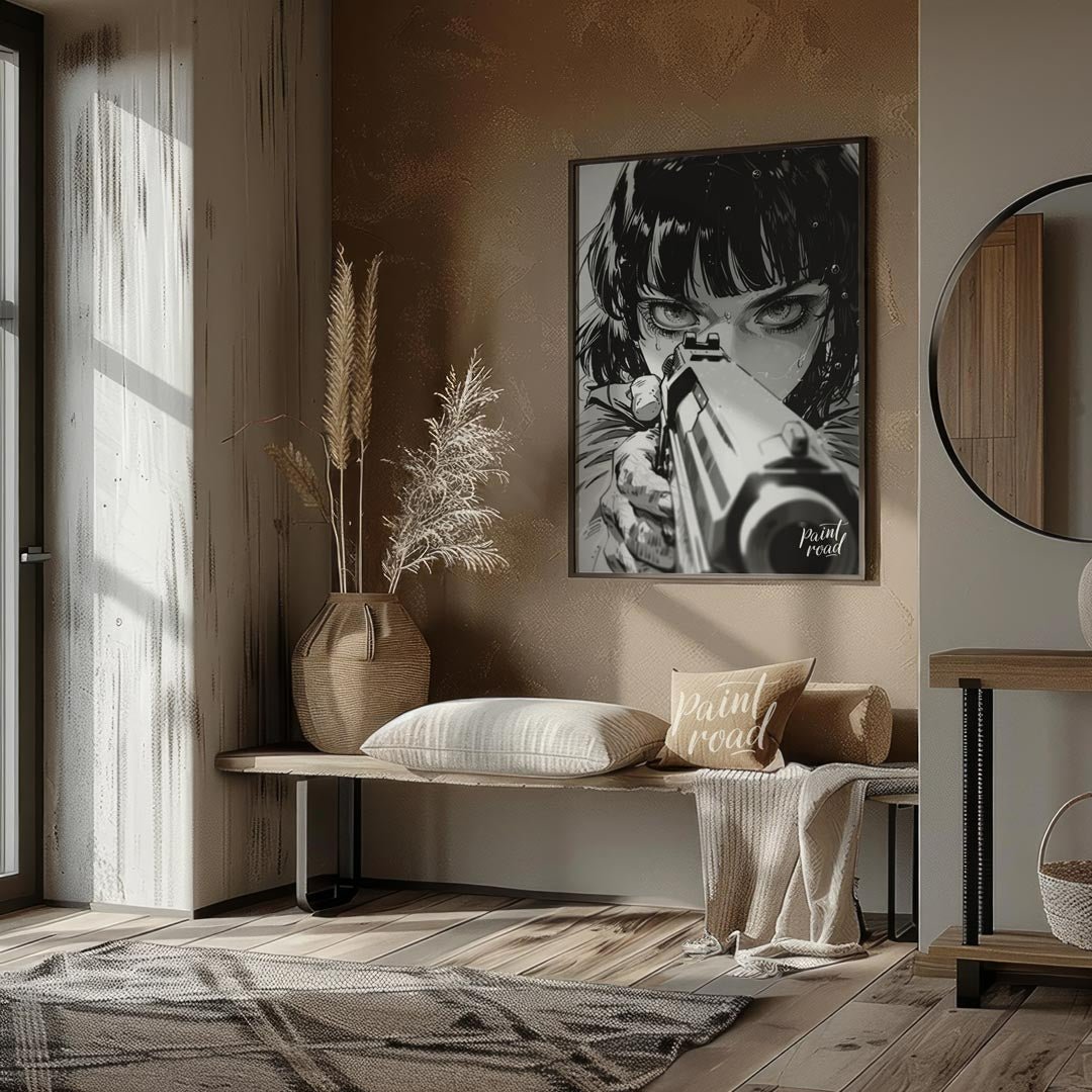 This intense and captivating monochrome illustration features a close-up portrait of a female chara… for entryway