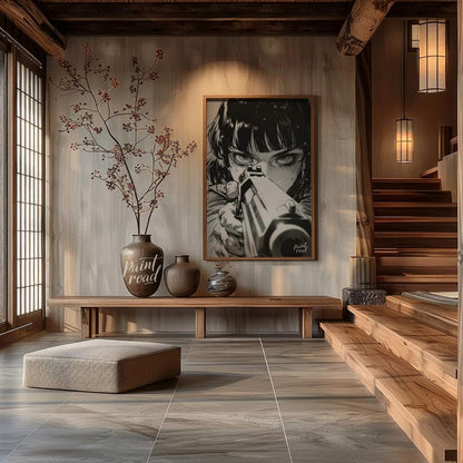 This intense and captivating monochrome illustration features a close-up portrait of a female chara… for entryway