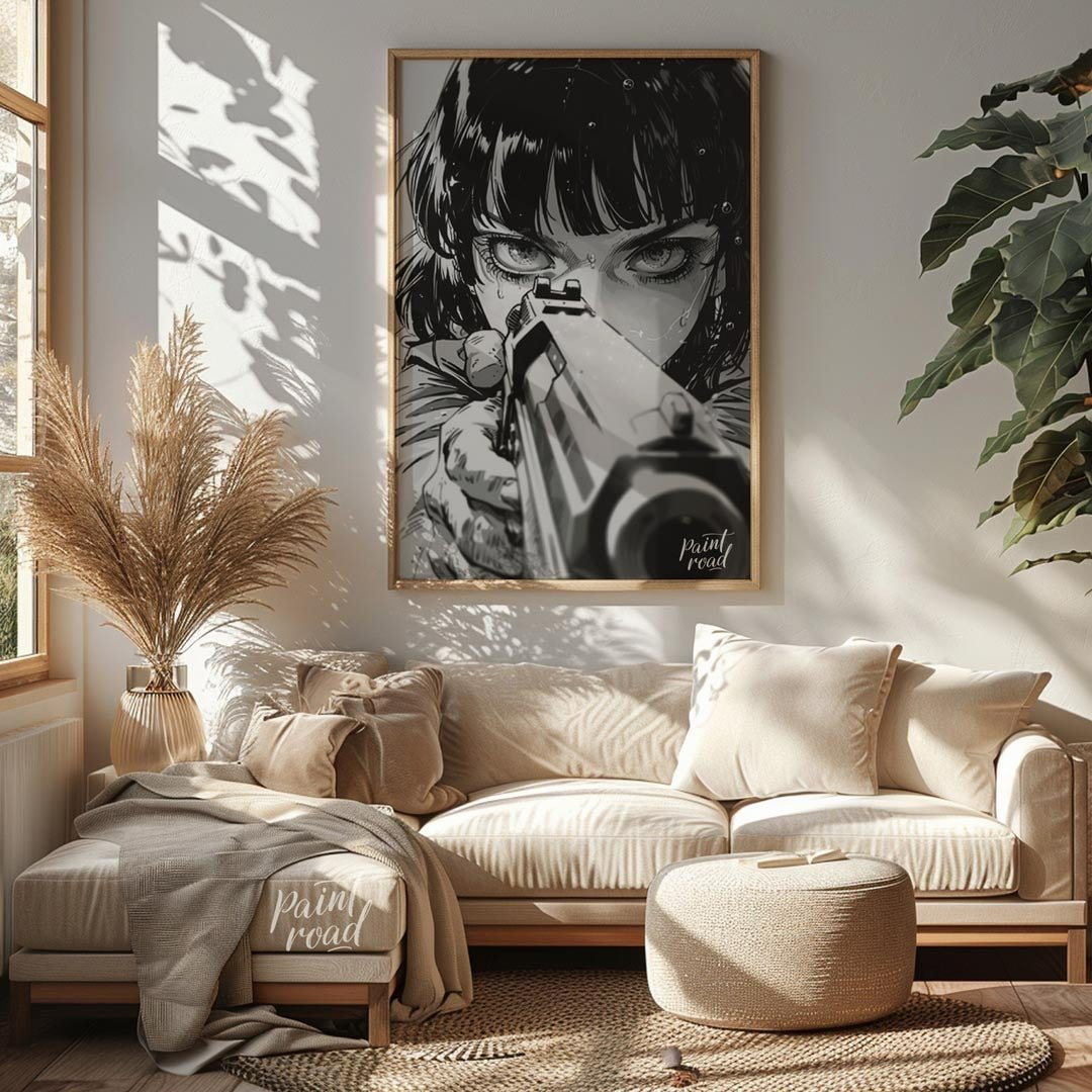 This intense and captivating monochrome illustration features a close-up portrait of a female chara… for living room