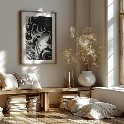 This intense and captivating monochrome illustration features a close-up portrait of a female chara… for living room