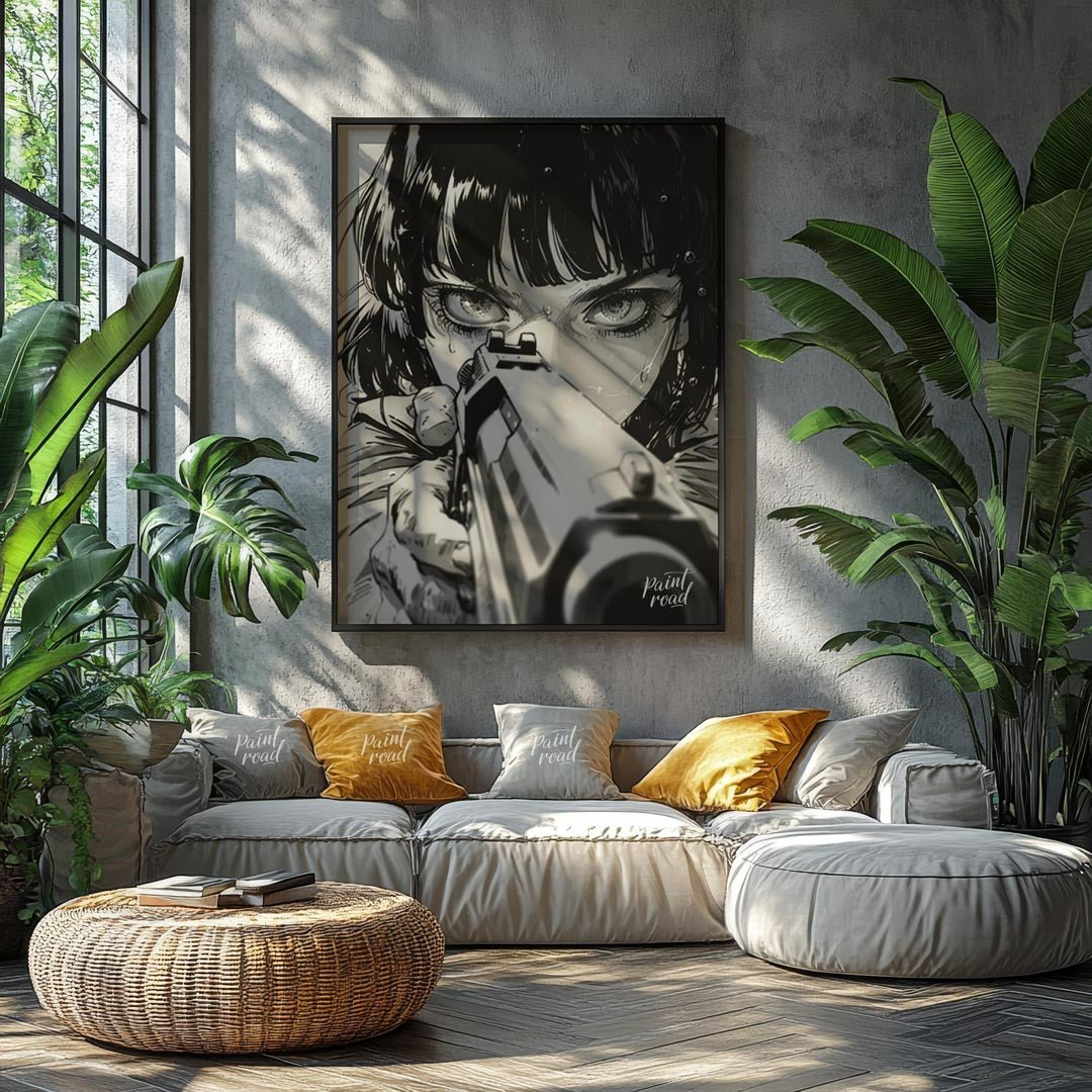 This intense and captivating monochrome illustration features a close-up portrait of a female chara… for living room