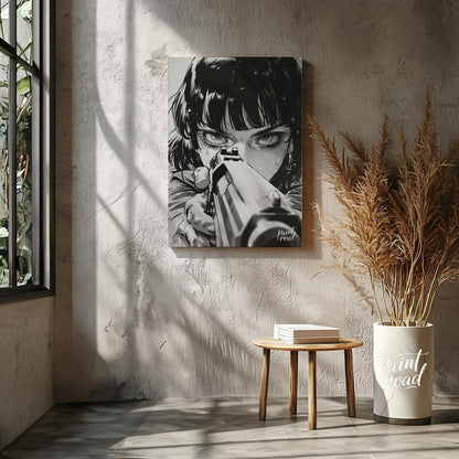 This intense and captivating monochrome illustration features a close-up portrait of a female chara… for other