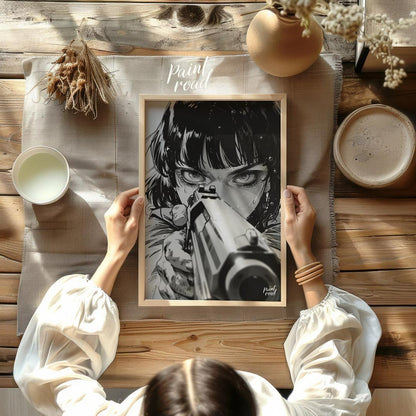 This intense and captivating monochrome illustration features a close-up portrait of a female chara… for other