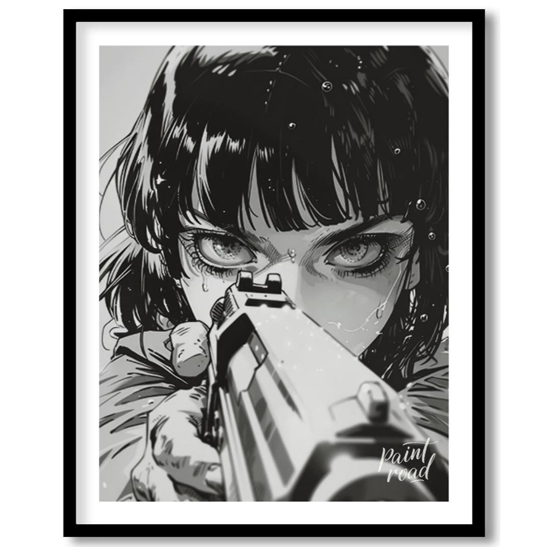 This intense and captivating monochrome illustration features a close-up portrait of a female chara… for sweet home