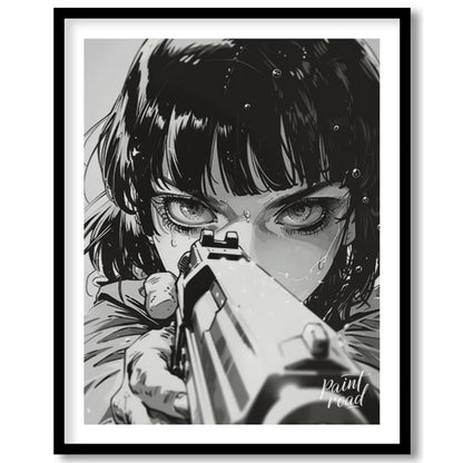 This intense and captivating monochrome illustration features a close-up portrait of a female chara… for sweet home