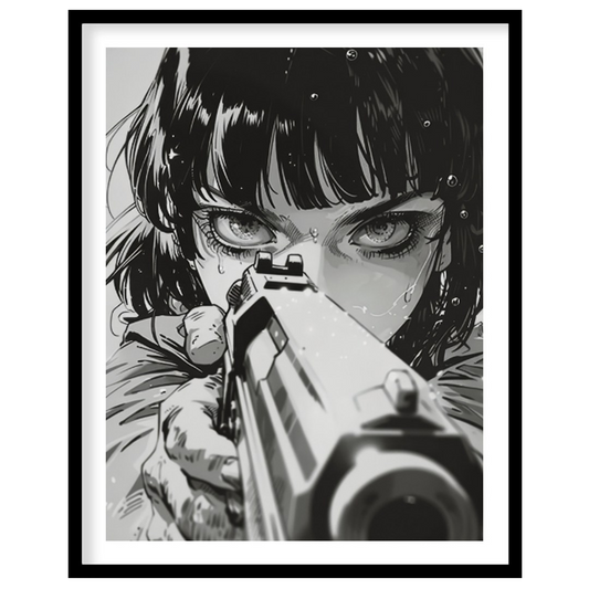 This intense and captivating monochrome illustration features a close-up portrait of a female chara… for sweet home