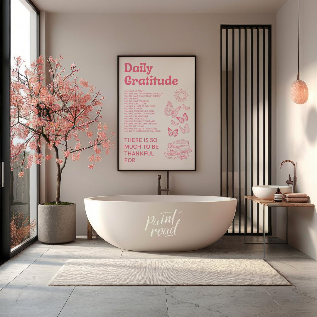 “Daily Gratitude Affirmation” is a heartwarming and visually appealing graphic print designed to in… for bathroom