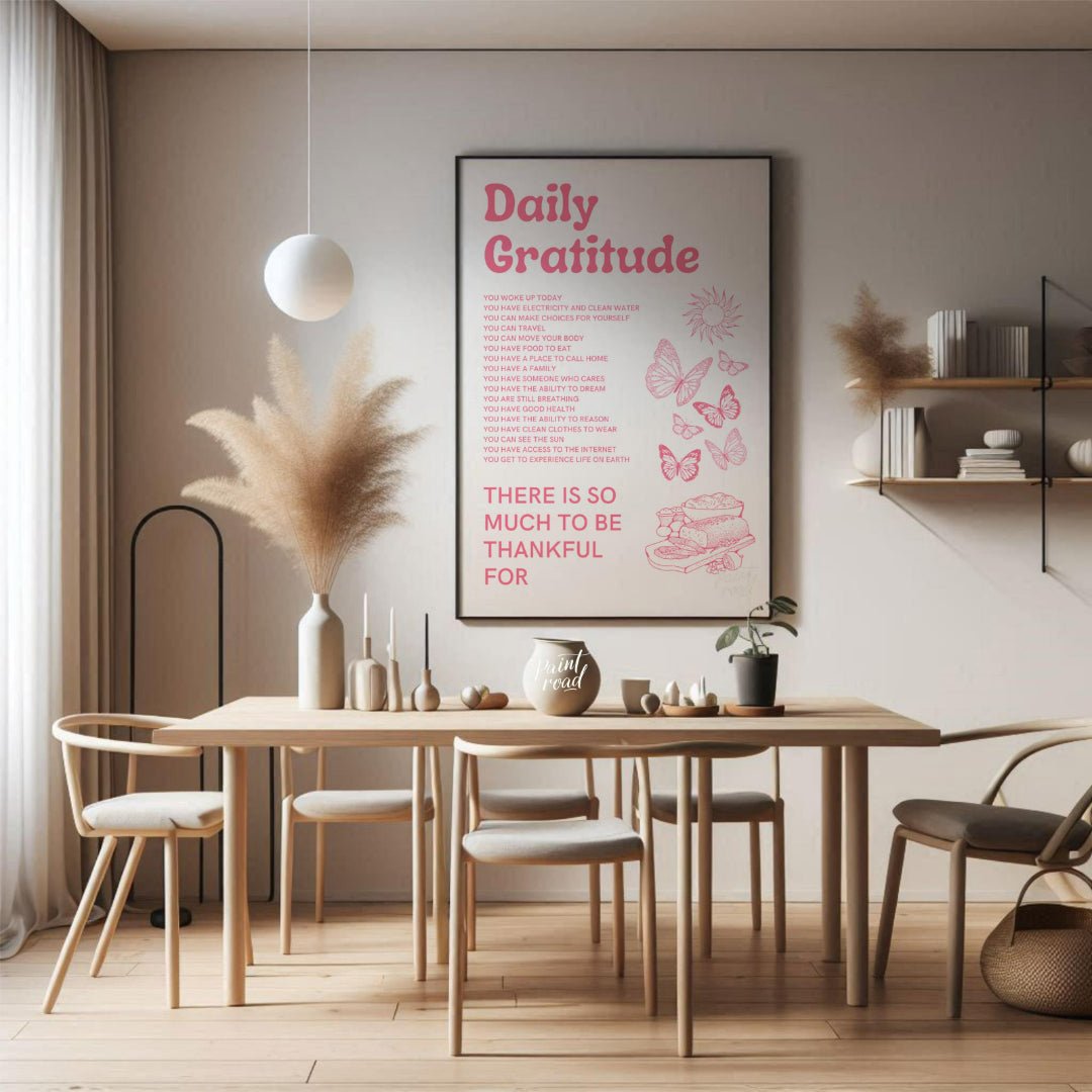 “Daily Gratitude Affirmation” is a heartwarming and visually appealing graphic print designed to in… for dining room