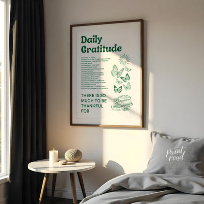 This heartfelt and uplifting print, titled “Daily Gratitude,” lists numerous reasons to be thankful… for bedroom