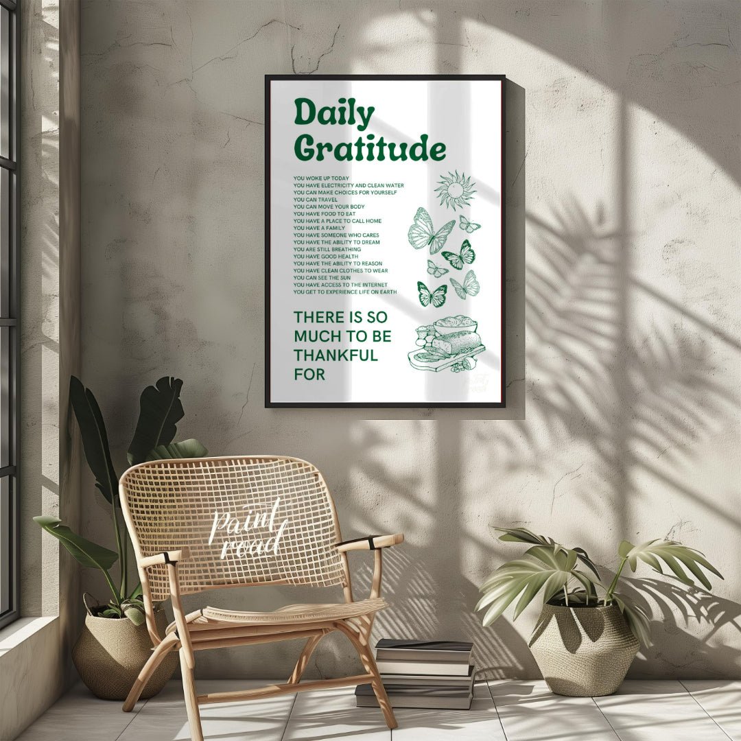 This heartfelt and uplifting print, titled “Daily Gratitude,” lists numerous reasons to be thankful… for living room