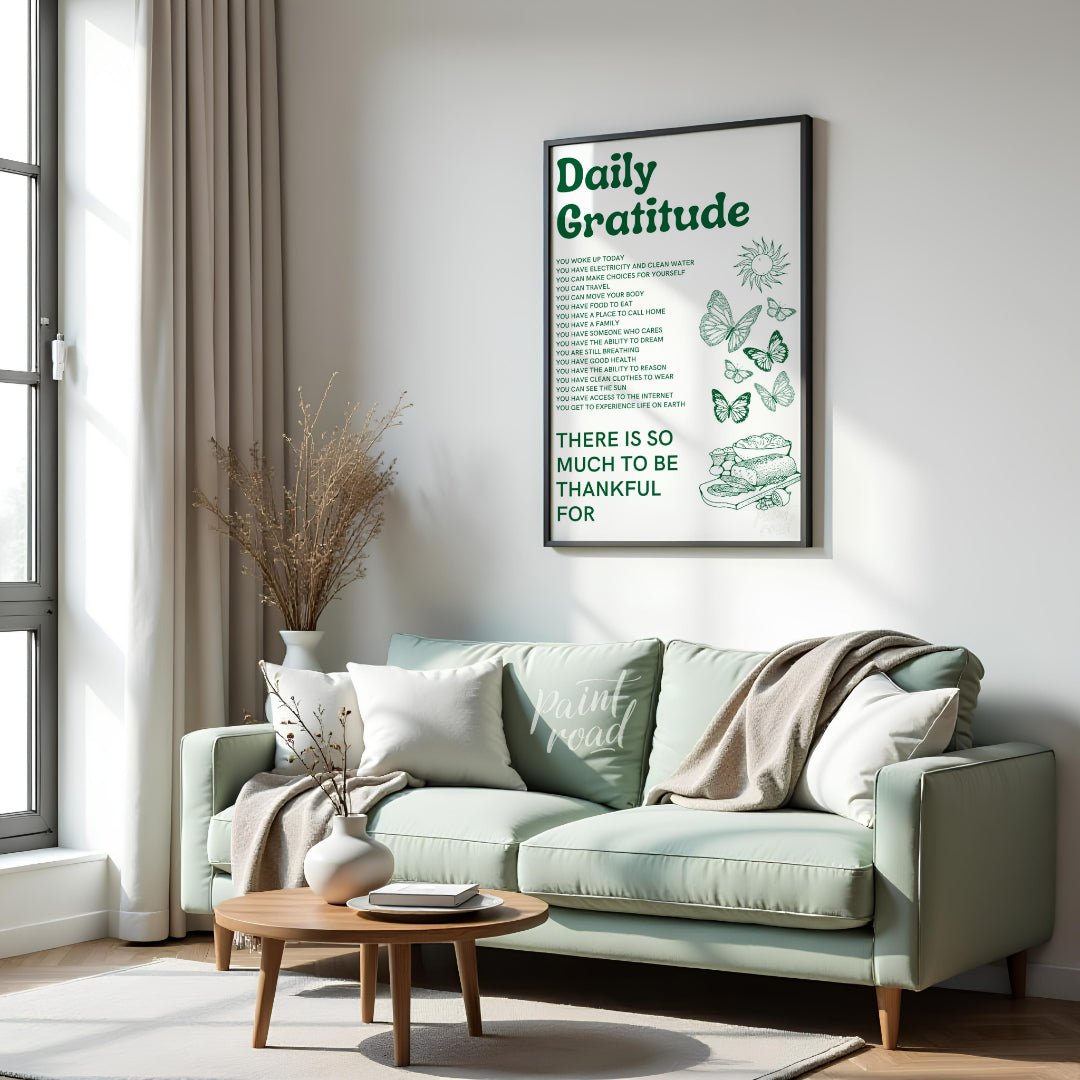 This heartfelt and uplifting print, titled “Daily Gratitude,” lists numerous reasons to be thankful… for living room