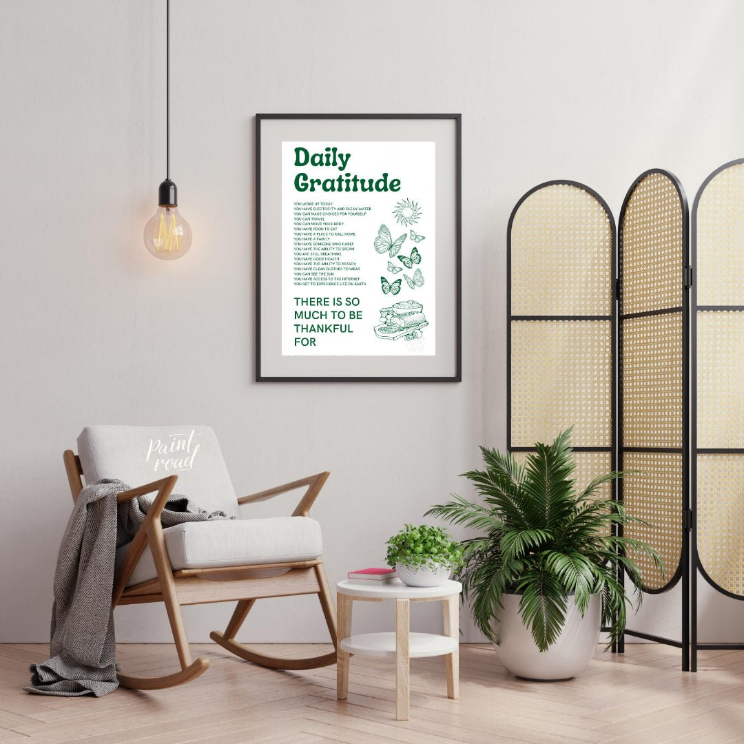 This heartfelt and uplifting print, titled “Daily Gratitude,” lists numerous reasons to be thankful… for living room