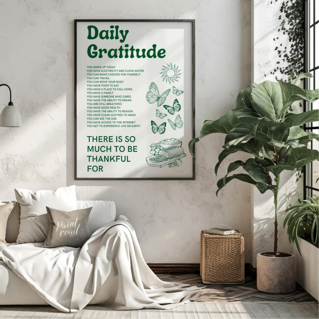 This heartfelt and uplifting print, titled “Daily Gratitude,” lists numerous reasons to be thankful… for living room
