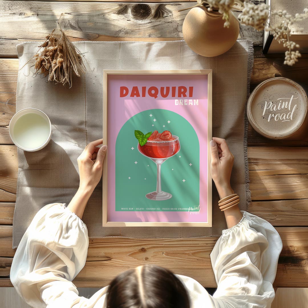 This vibrant and appealing poster features a luscious Strawberry Daiquiri, radiating a sense of swe… for dining room