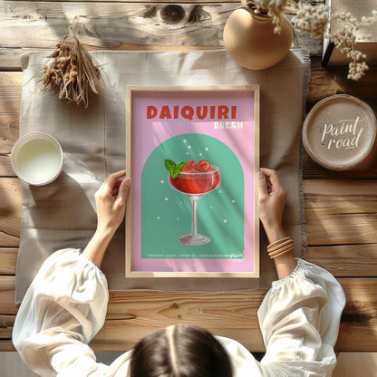 This vibrant and appealing poster features a luscious Strawberry Daiquiri, radiating a sense of swe… for dining room