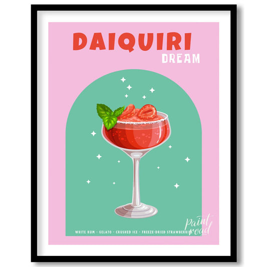This vibrant and appealing poster features a luscious Strawberry Daiquiri, radiating a sense of swe… for home