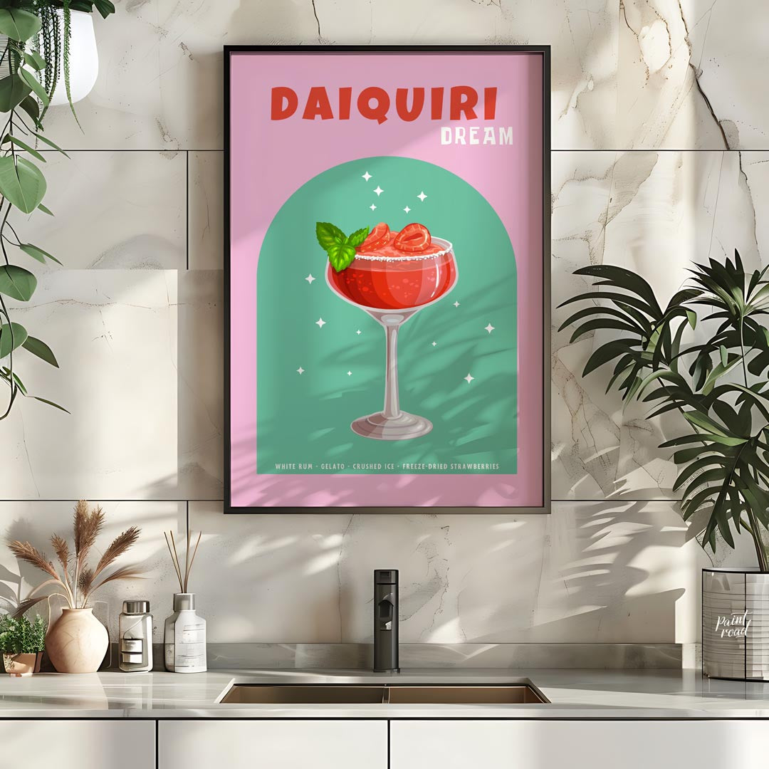 This vibrant and appealing poster features a luscious Strawberry Daiquiri, radiating a sense of swe… for kitchen