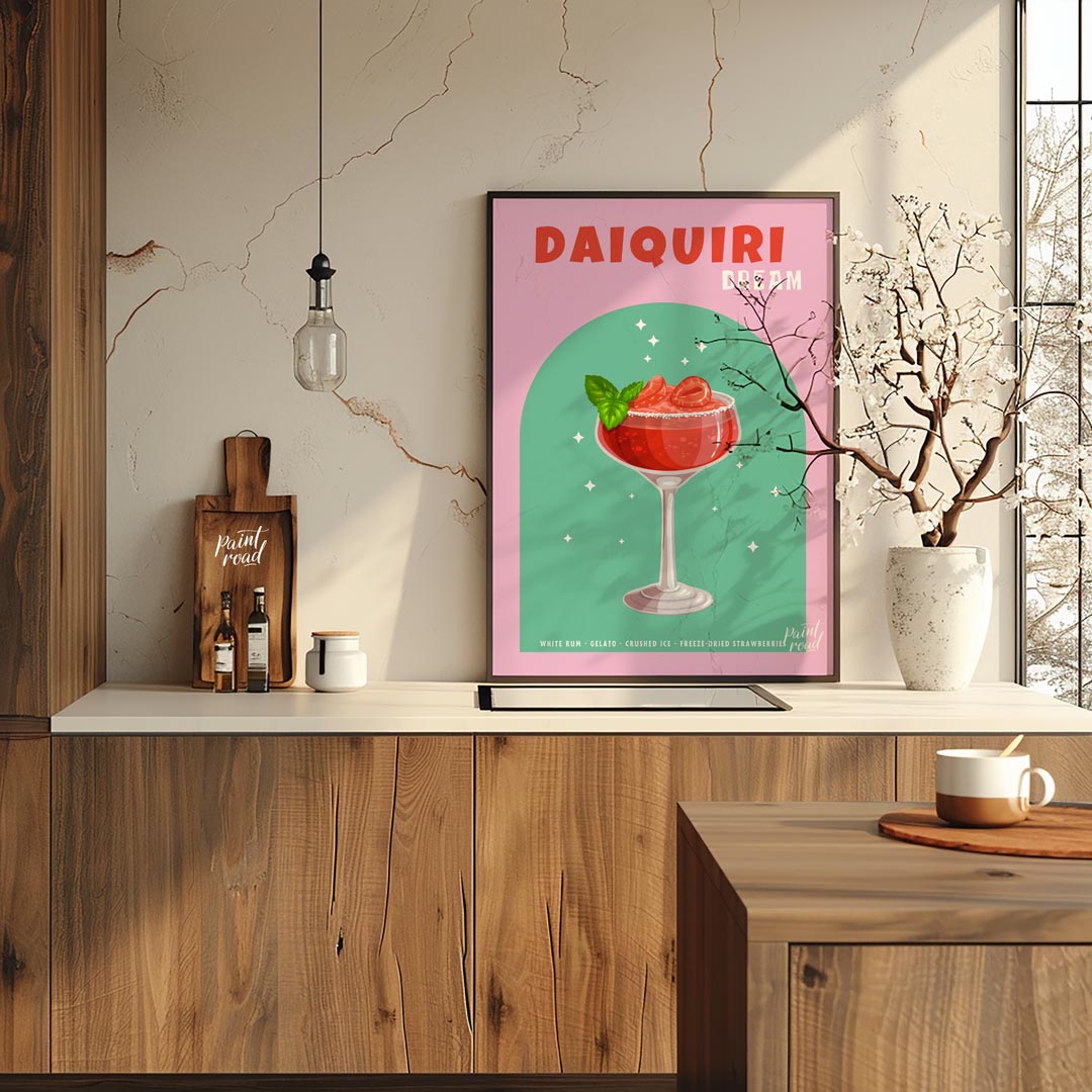 This vibrant and appealing poster features a luscious Strawberry Daiquiri, radiating a sense of swe… for kitchen