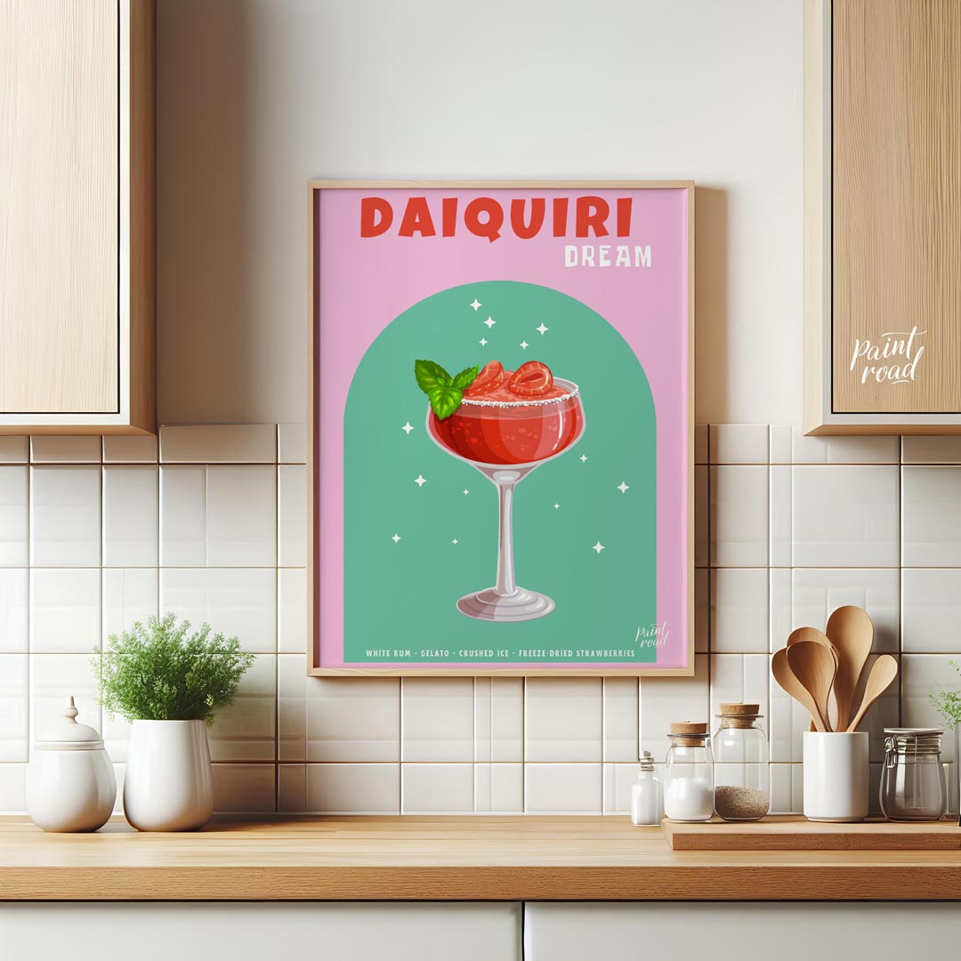 This vibrant and appealing poster features a luscious Strawberry Daiquiri, radiating a sense of swe… for kitchen