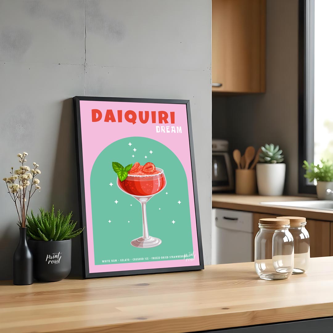 This vibrant and appealing poster features a luscious Strawberry Daiquiri, radiating a sense of swe… for kitchen