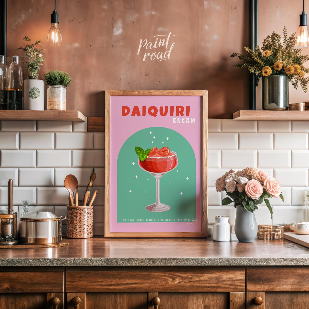 This vibrant and appealing poster features a luscious Strawberry Daiquiri, radiating a sense of swe… for kitchen