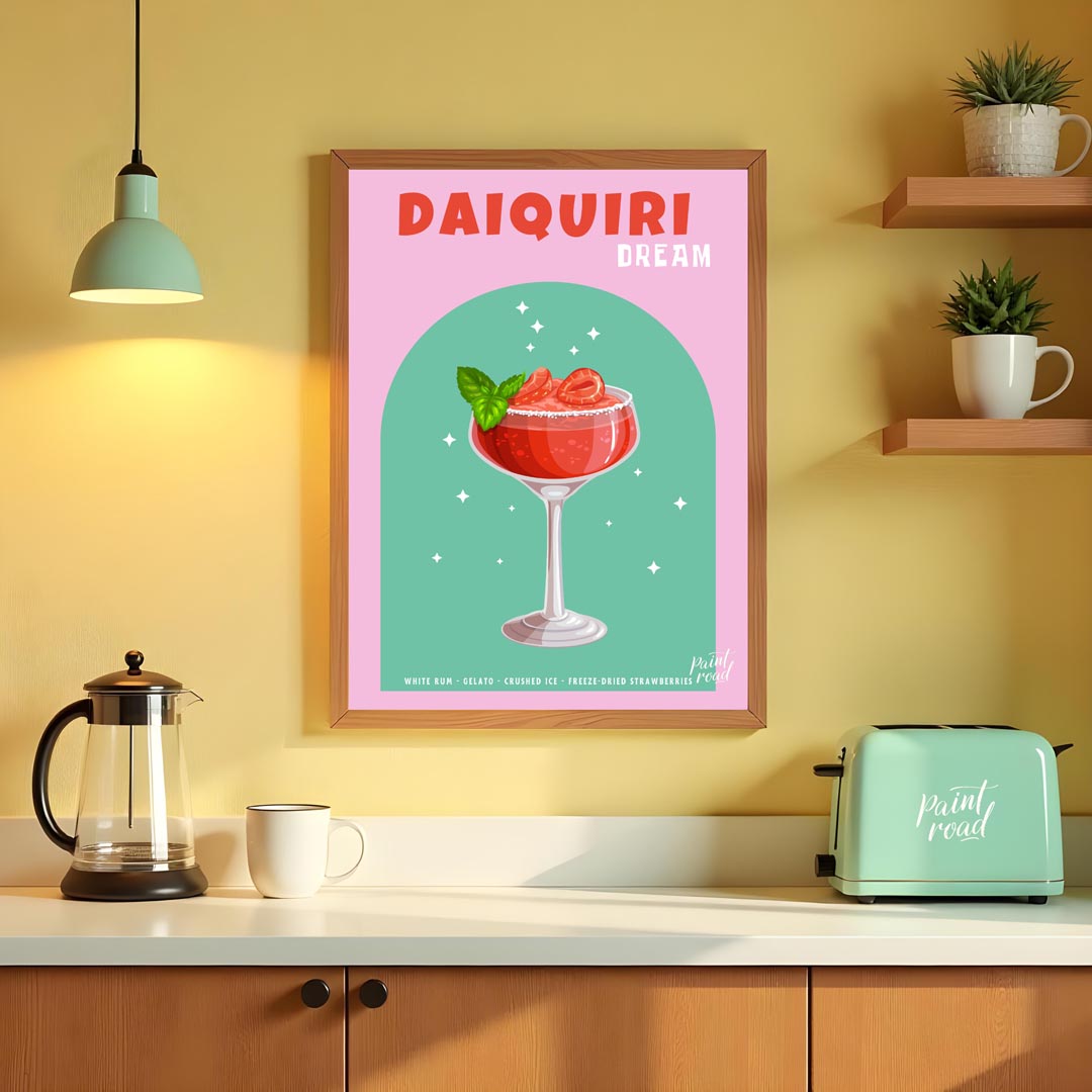 This vibrant and appealing poster features a luscious Strawberry Daiquiri, radiating a sense of swe… for kitchen