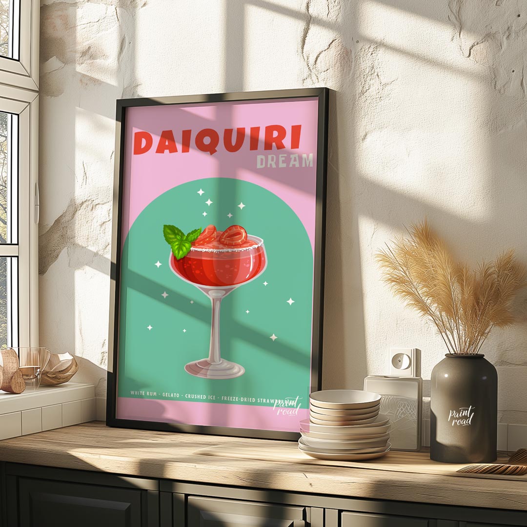 This vibrant and appealing poster features a luscious Strawberry Daiquiri, radiating a sense of swe… for kitchen