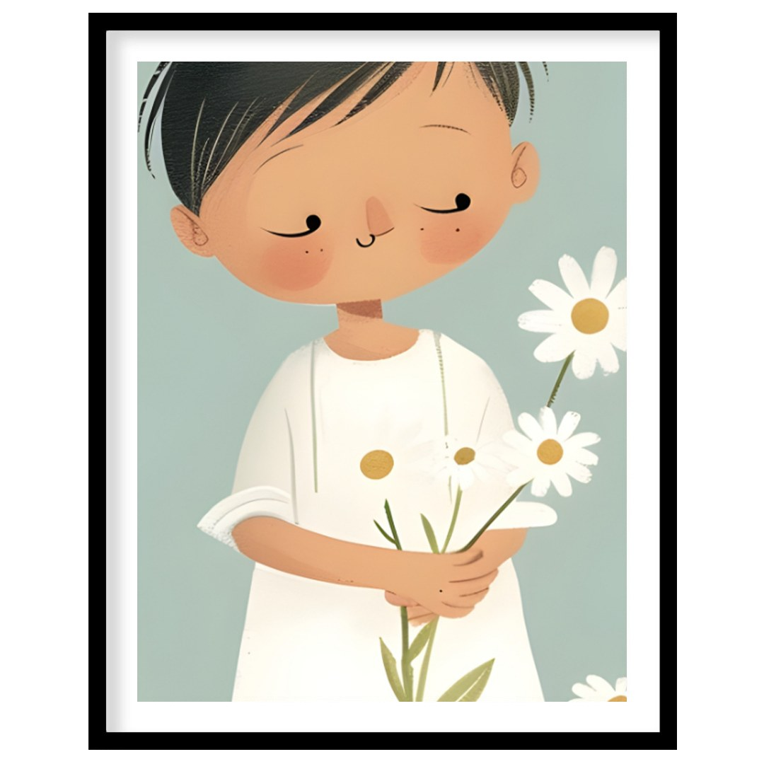 This tender watercolor illustration captures the serene moment of a child standing quietly amidst a… for room