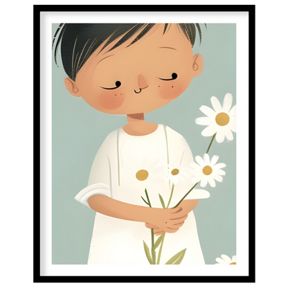 This tender watercolor illustration captures the serene moment of a child standing quietly amidst a… for room