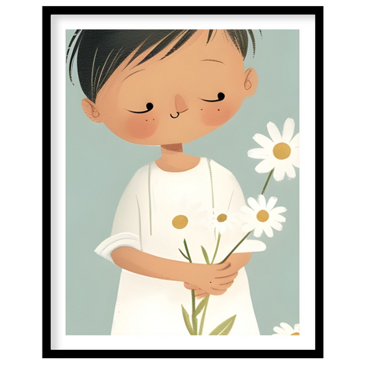 This tender watercolor illustration captures the serene moment of a child standing quietly amidst a… for room