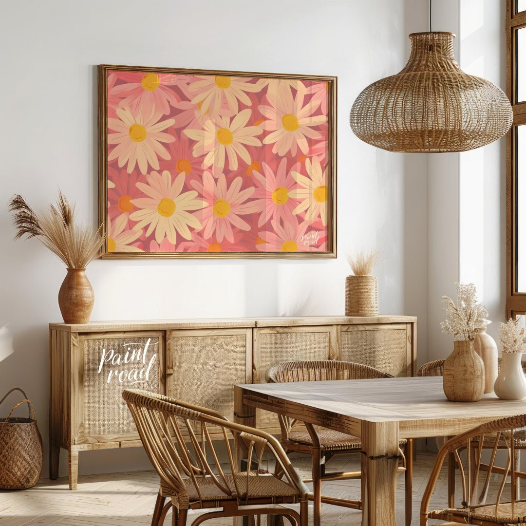 This charming digital pattern features a field of stylized daisies in soft pink and cream tones, cr… for dining room
