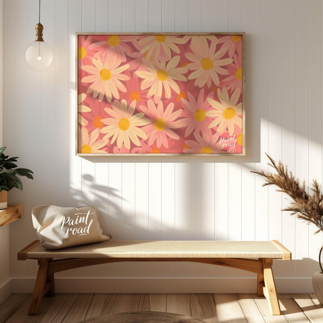 This charming digital pattern features a field of stylized daisies in soft pink and cream tones, cr… for entryway