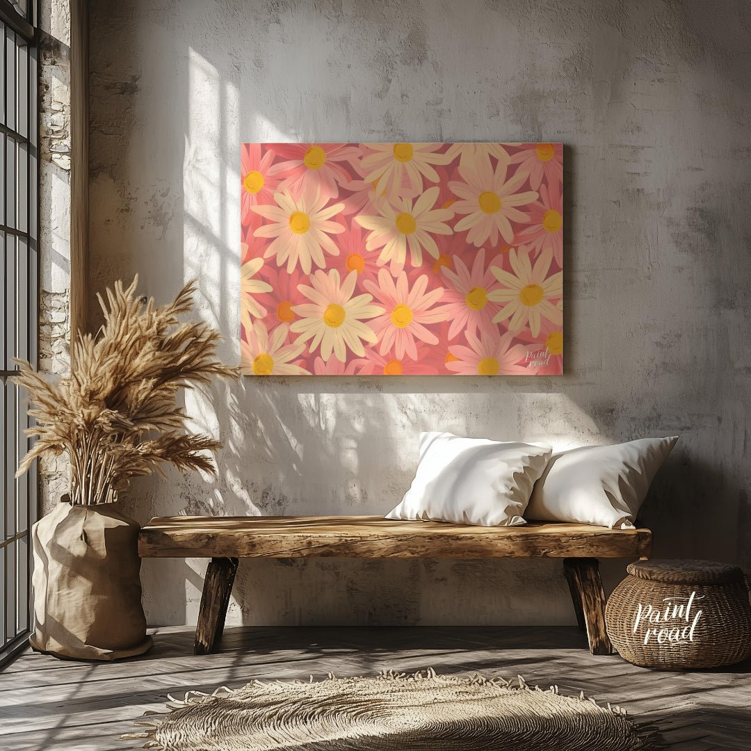 This charming digital pattern features a field of stylized daisies in soft pink and cream tones, cr… for entryway