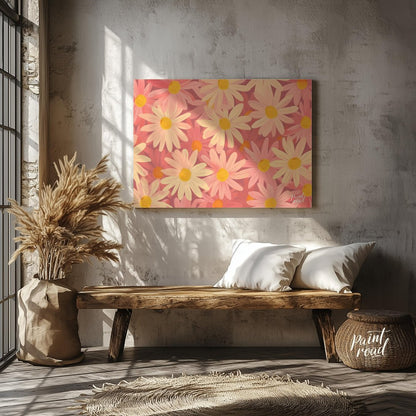 This charming digital pattern features a field of stylized daisies in soft pink and cream tones, cr… for entryway
