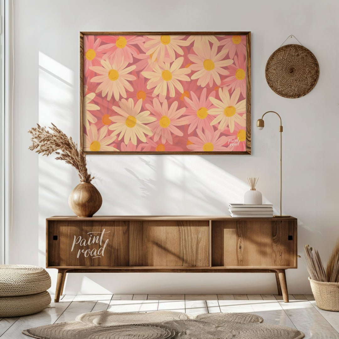 This charming digital pattern features a field of stylized daisies in soft pink and cream tones, cr… for living room