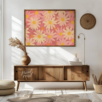 This charming digital pattern features a field of stylized daisies in soft pink and cream tones, cr… for living room