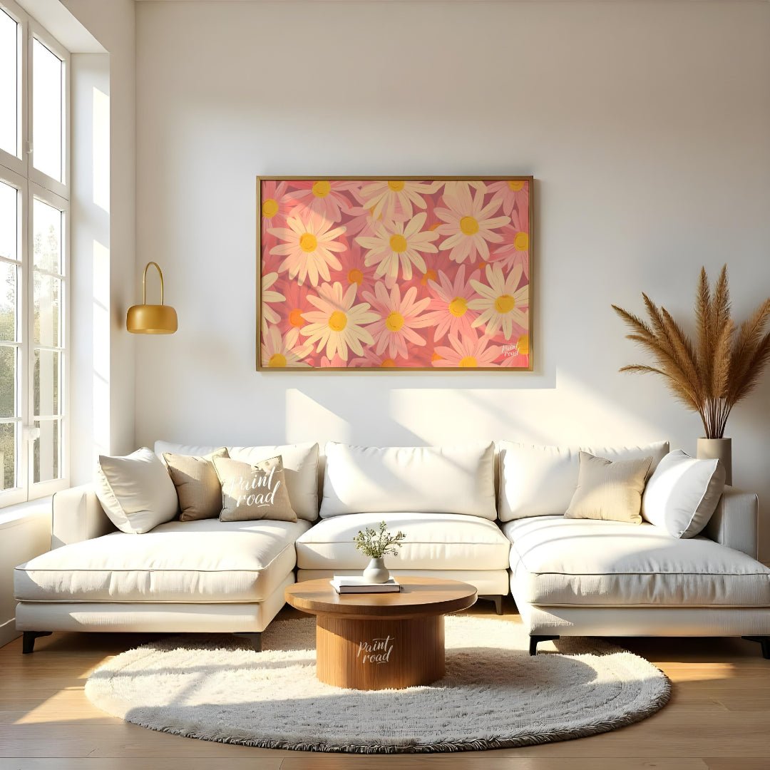This charming digital pattern features a field of stylized daisies in soft pink and cream tones, cr… for living room