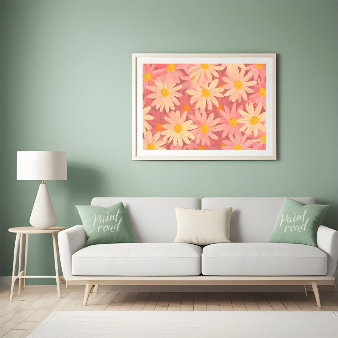 This charming digital pattern features a field of stylized daisies in soft pink and cream tones, cr… for living room