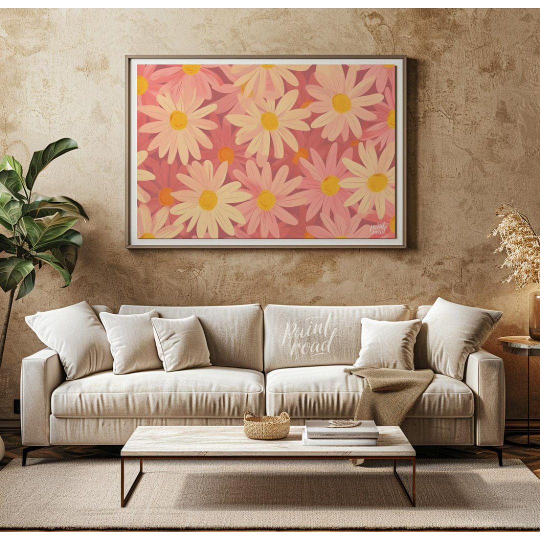 This charming digital pattern features a field of stylized daisies in soft pink and cream tones, cr… for living room