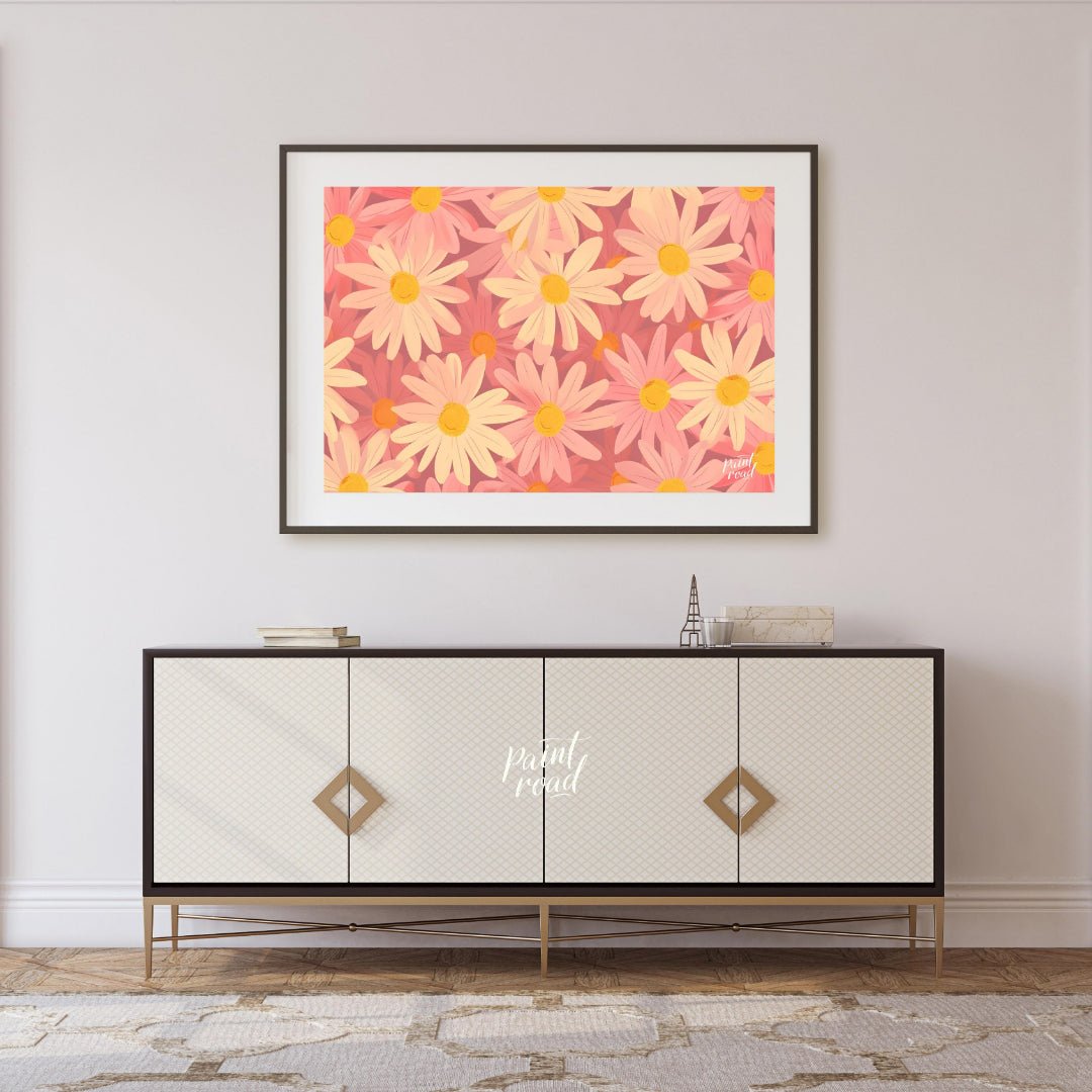 This charming digital pattern features a field of stylized daisies in soft pink and cream tones, cr… for living room