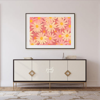 This charming digital pattern features a field of stylized daisies in soft pink and cream tones, cr… for living room