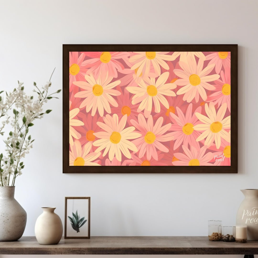 This charming digital pattern features a field of stylized daisies in soft pink and cream tones, cr… for living room