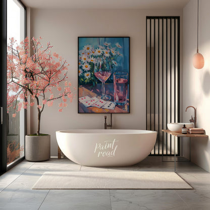 This still life painting captures a moment of relaxed leisure with a glass of rosé wine, a glass of… for bathroom