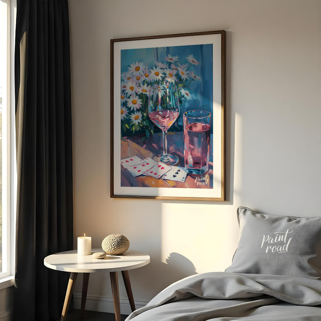 This still life painting captures a moment of relaxed leisure with a glass of rosé wine, a glass of… for bedroom
