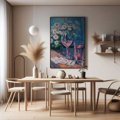 This still life painting captures a moment of relaxed leisure with a glass of rosé wine, a glass of… for dining room