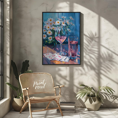 This still life painting captures a moment of relaxed leisure with a glass of rosé wine, a glass of… for hallway