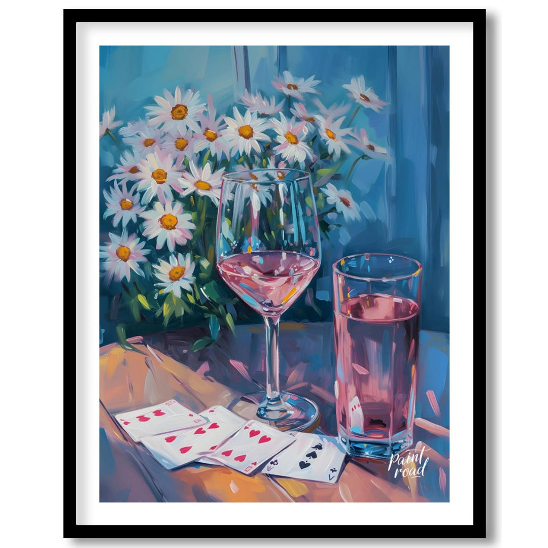 This still life painting captures a moment of relaxed leisure with a glass of rosé wine, a glass of… for home