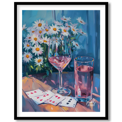 This still life painting captures a moment of relaxed leisure with a glass of rosé wine, a glass of… for home